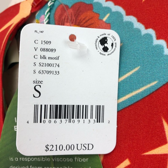 Farm Rio Lotus Star Red / Multi Midi Dress w/ beaded fringe belt- Small - Picture 7 of 15